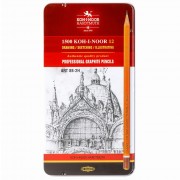 Карандаш чернографитный Набор 12шт 8B-2H ART 6-гранные, заточенные, металлическая коробка 1502/II Koh-I-Noor